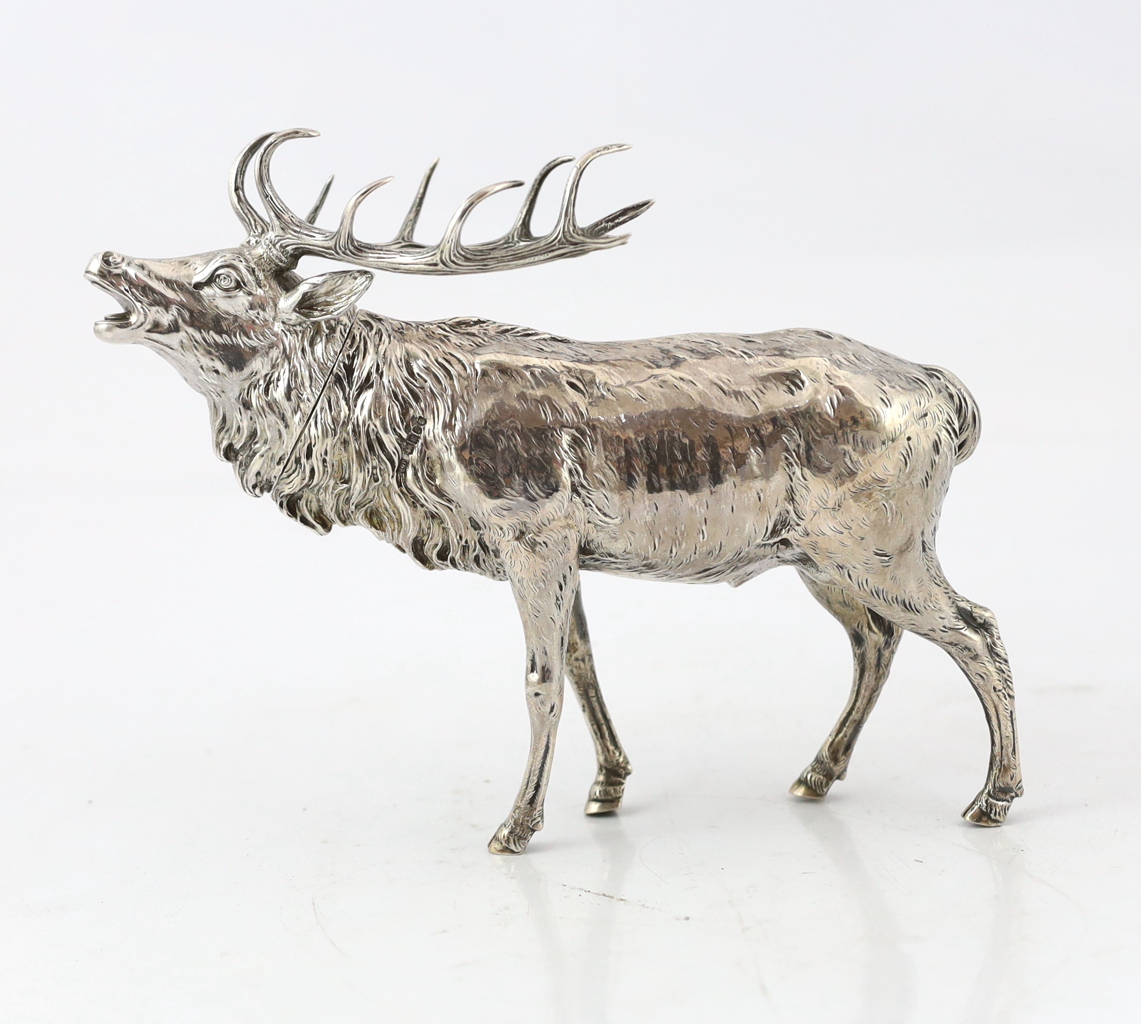 An Edwardian Hanau silver free-standing model of a baying stag